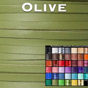 May include: Olive green leather cord, shown in multiple strands.  The cord is part of a collection of leather cords in various colors.  DANECRAFT DESIGNS PACKER LEATHER is printed at the top of the color chart.  Lacing Widths are listed below the color chart, with measurements in inches.