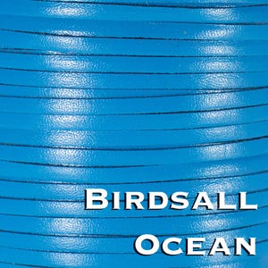 May include: Close-up of a blue leather cord with the text "BIRDASLL OCEAN" printed on it.