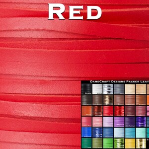 May include: Red leather lacing, a close-up of the texture.  Danecraft Designs Packer Leather is shown in a color chart with 36 different colors of leather lacing.  Lacing widths are listed as 2.5mm (3/32"), 3mm (1/8"), 4mm (5/32"), 5mm (3/16"), and 6mm (1/4").