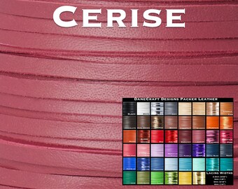 Könnte beinhalten: Nahaufnahme einer Spule mit rotem Lederband, beschriftet mit "CERISE". Unterhalb der Spule ist eine Farbkarte mit verschiedenen Lederbandfarben abgebildet. Die Karte ist mit "DANECRAFT DESIGNS PACKER LEATHER" beschriftet. Ein Abschnitt mit der Bezeichnung "LACING WIDTHS" zeigt verschiedene Größen von Lederband.