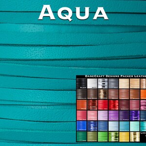 May include: Aqua colored leather lacing. A chart shows various colors of leather lacing available in different widths.  DANECRAFT DESIGNS PACKER LEATHER.