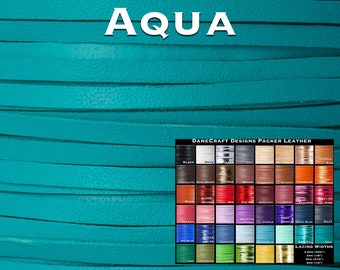 Könnte beinhalten: Aqua-farbenes Lederband. Eine Tabelle zeigt verschiedene Farben von Lederbändern in verschiedenen Breiten.  DANECRAFT DESIGNS PACKER LEATHER.