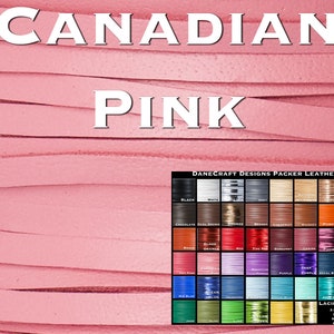 May include: Close-up of a pink leather cord, with a color chart of various leather cords in the bottom right corner. The chart is labeled "DANECRAFT DESIGNS PACKER LEATHER".