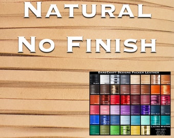 Könnte beinhalten: Natürliches Lederband in verschiedenen Farben, darunter Schwarz, Weiß, Rot, Blau, Grün und Gelb. Das Leder wird in Streifen gezeigt, und der Text "DANECRAFT DESIGNS PACKER LEATHER" ist oben im Bild sichtbar. Der Text "LACING WIDTHS" ist unten im Bild sichtbar, zusammen mit den Maßen 2,54 mm (3/32"), 3,18 mm (1/8"), 3,96 mm (5/32") und 6,35 mm (1/4").