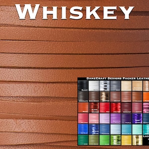 May include: A close-up of a brown leather cord, labeled "WHISKEY". A color chart of leather cords is shown below, with the "WHISKEY" color highlighted.