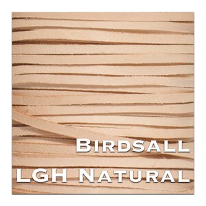May include: Close-up of a spool of natural leather cord. The cord is light brown and has a smooth texture. The text "BIRDASALL LGH NATURAL" is printed on the spool.
