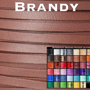May include: Close-up of a brown leather cord, showing the texture of the leather. A color chart of leather cords is shown below, with the color "BRANDY" highlighted.