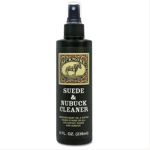 May include: A black spray bottle of Bickmore Suede & Nubuck Cleaner. The label features a horse illustration, red and gold decorative borders, and text stating it removes oil and water-based stains. The bottle contains 8 fl. oz. (236ml) of liquid.
