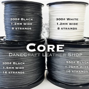 May include: Four spools of waxed thread for leather crafting. Two spools are black, one is white, and one is a dark gray. The spools are labeled with the thread size, color, width, and number of strands. The text "CORE DANECRAFT LEATHER SHOP" is printed on the spools.