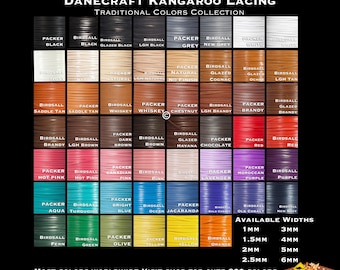 Könnte beinhalten: Eine Farbkarte für Danecraft Känguru-Lederbänder mit einem Raster aus Lederschnurmustern in verschiedenen Farbtönen wie Schwarz, Weiß, Braun, Rot, Pink, Lila, Blau, Grün, Gelb und Orange sowie Text zu den verfügbaren Breiten von 1mm bis 6mm.