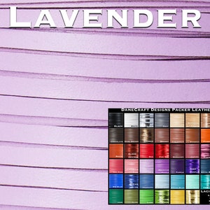 May include: Lavender leather cord, 1/8 inch wide, in a variety of lengths.  Danecraft Designs Packer Leather.  Lacing widths: 2.5mm (1/8"), 3mm (1/8"), 4mm (5/32"), 5mm (3/16"), 6mm (1/4"), 8mm (5/16")