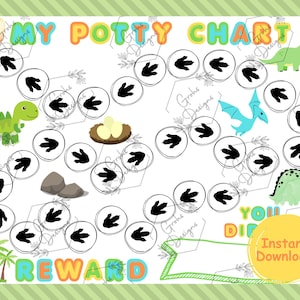 May include: A white potty training chart featuring the text MY POTTY CHART and REWARD. The design includes colorful illustrations of dinosaurs, a nest with eggs, rocks, palm trees, and a path of circles containing black dinosaur footprints.