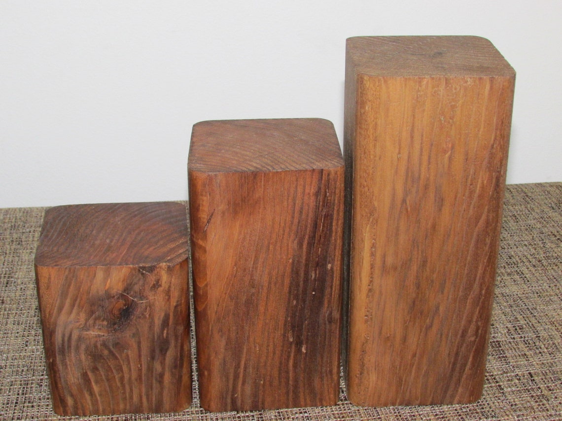 Wood Block Risers, Set of 3 Rustic Solid Block Pedestal Risers ...