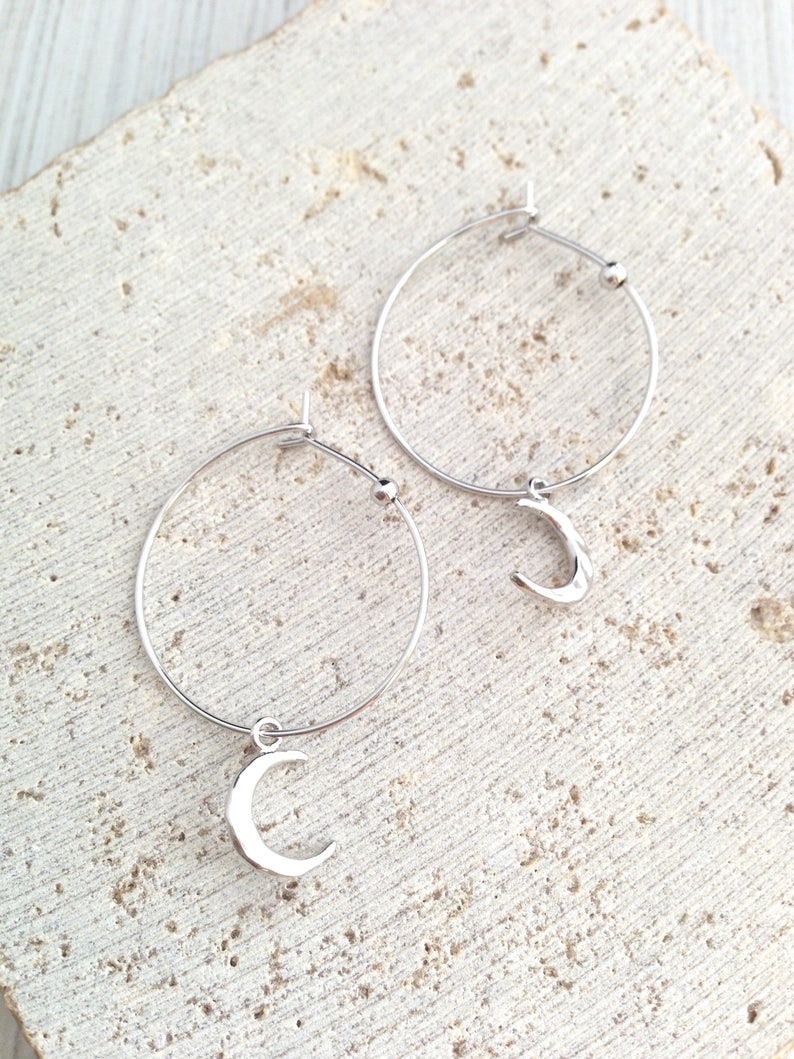 Hoop Earring,Silver Hoop Earring,Moon Hoop Earring,Crescent Moon Hoop Earring,Moon Earring,Silver Crescent Moon Hoop Earring,Hammer Moon