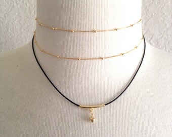 Choker Necklace,Dew Drop Chain Choker Necklace,Gold Curved Bar Choker,Layering Choker,Circle Drop Choker,Triple Layered Choker