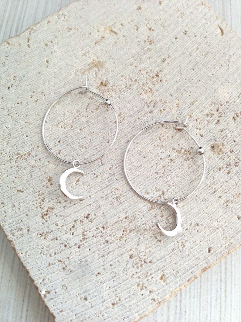 Hoop Earring,Silver Hoop Earring,Moon Hoop Earring,Crescent Moon Hoop Earring,Moon Earring,Silver Crescent Moon Hoop Earring,Hammer Moon