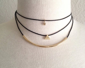 Choker Necklace,Black Choker Necklace,Tiny Triangle Choker,Tiny Charm Choker,Multiple Layered Choker Necklace,Dainty Choker Necklaces