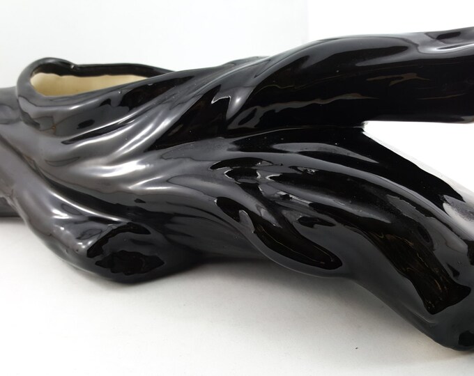 NEW PRICE!  Black Glazed Ceramic "Driftwood" Vintage Low Planter - Kitsch Black Ceramic Log Ceramic Low Vase