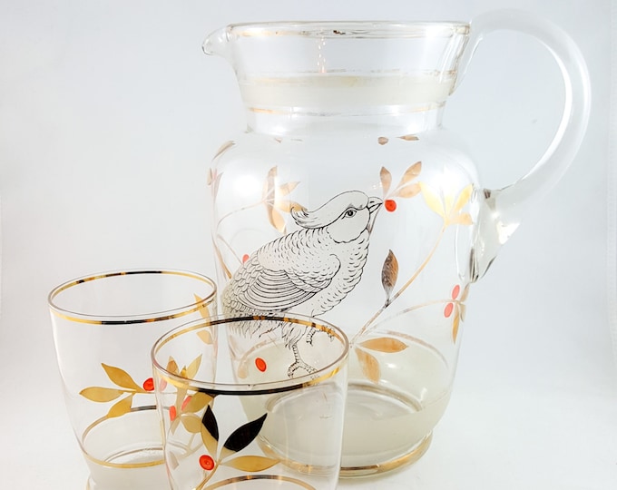 Stunning Hand Painted Gilt Glass Parrot Pitcher and Glasses