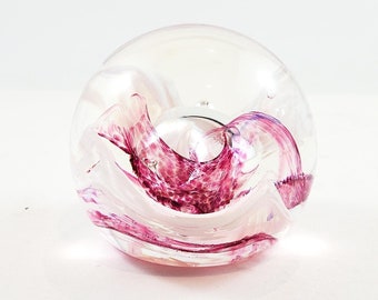 Caithness paperweight Pink and White Swirls/Waves, Signed, Art Glass, Collectible Glass