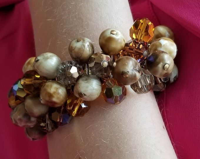 Awesome Crystal and Acrylic Bead Expandable Bracelet with matching clip on Earrings