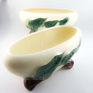 Coppia di fioriere in ceramica abbinate con motivo fogliare