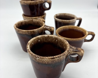 Hull Stoneware Mugs, Restaurant Ovenware, Set of 6, Vintage Drip Glaze