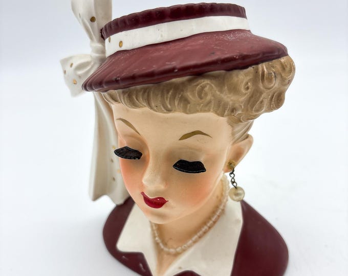 Vintage 1956 Inarco Mid Century Lady Head Vase C2633A Lucy Lady Head Vasew Pearl Earrings, 5 3/4"