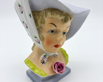 Vintage Ucago Lady Head Vase, Key Lime Dress, Pink Rose, Lavendar Bonnet