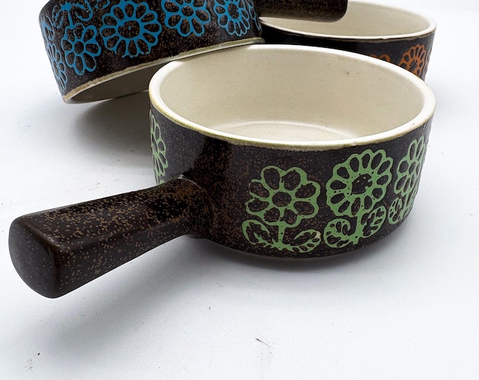 Fabulous Vintage Collectible, Mid Century Soup Bowls in Orange, Green, Blue Textured Surface.