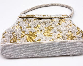 Magnificent Hand Beaded and Gold Brocade White Wedding Bag with Beaded Handle