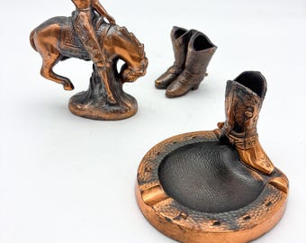 Beauty of a Mid Century Copper Rare Novelty 3 Piece Cowboy Ashtray/Trinket Dish, Boots and Bucking Bronco