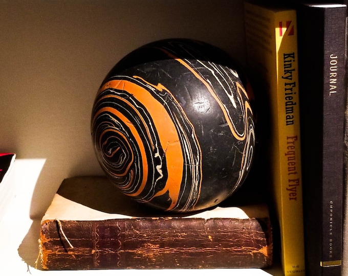 1950's Gorgeous Marbleized 5 pin Bowling Ball in Black and Orange