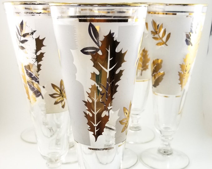 Libbey Frosted Gilt Pilsner Beer Glass Set 8 glasses with Leaf Motif