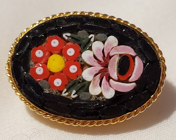 Gorgeous Handpainted beaded Mosaic Pin/Brooch, Vintage Micro Mosaic Brooch, Glass Bead Floral Brooch