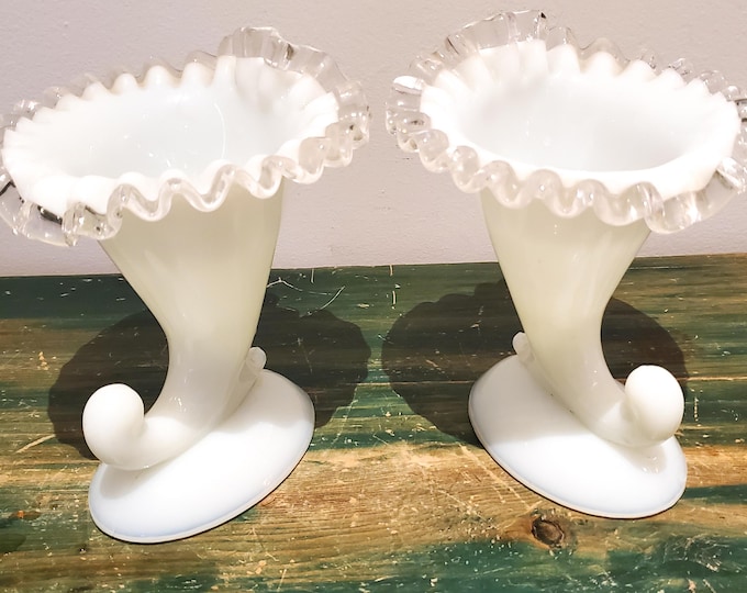 Stunning Vintage White Fenton Cornucopia Flower Vases with Green Cast