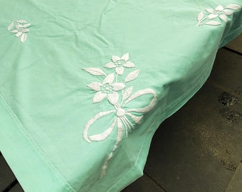 Gorgeous Green/Aqua 1950's Rectangle Cotton Tablecloth with Embroidered white florals