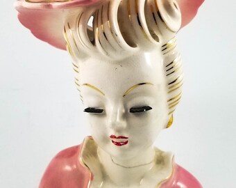 Vintage Mid Century Lady Head Vase with Yellow Rose