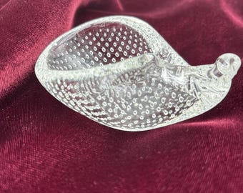 Blown Shell Shaped Art Glass Mid Century Clear Cased Trinket Bowl, Controlled Bubbles, Bullicante
