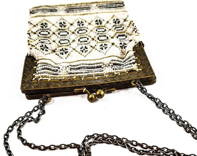 Magnificent Gold, Silver and White micro Bead Evening Bag w/ Brass Frame and strap/Antique Deco Handbag, Kiss Lock- Vintage