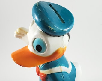 1960's Plastic Piggy Bank in the theme of Donald Duck. Donald Duck Figurine Bank, Collectible Kitsch Vintage piggy bank