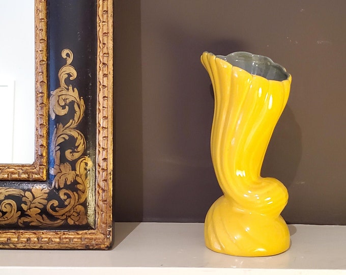 Gorgeous Bright yellow Cornucopia Vintage Flower Vase with Green Interior and Wrap around tail.