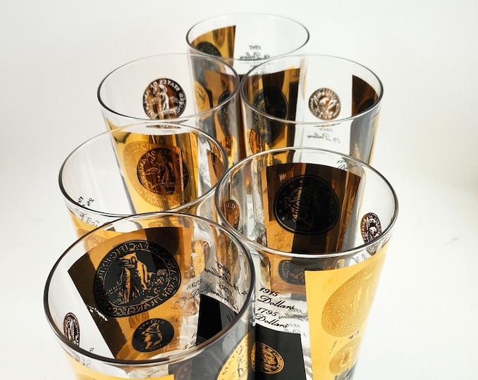 Man Cave Bonanza!! Set of 6 Libbey Vintage Black and Gold Cera Black & 22K Gold Medallion Bar HiBall Glasses Vintage Barware Glasses Glasses