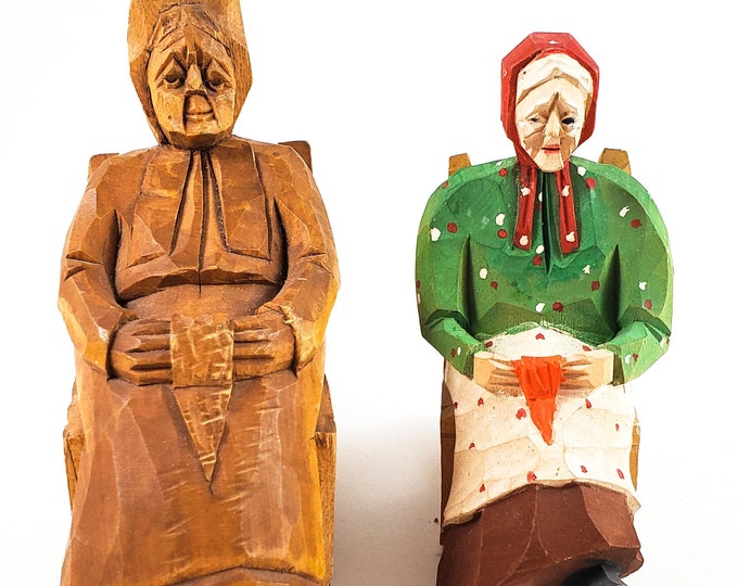 Vintage Audet carved folk figures -Canadian Traditional Quebec Hand Carved wood Folk art , Painted and Unpainted Grannies in Rocking Chairs