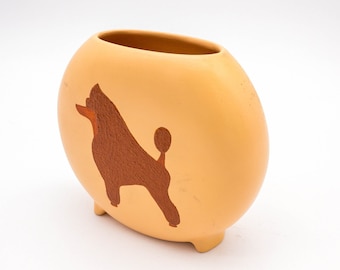 Beautiful Hand Painted Mini Vase with Applied Textured Poodle Motif Gilded Cuffs Clutching Vase