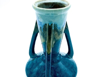 Gorgeous Ceramic Triple Handled Drip Glaze Vase in Blue, Gold and White