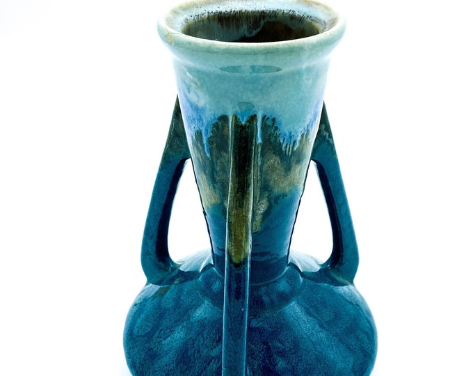 Gorgeous Ceramic Triple Handled Drip Glaze Vase in Blue, Gold and White