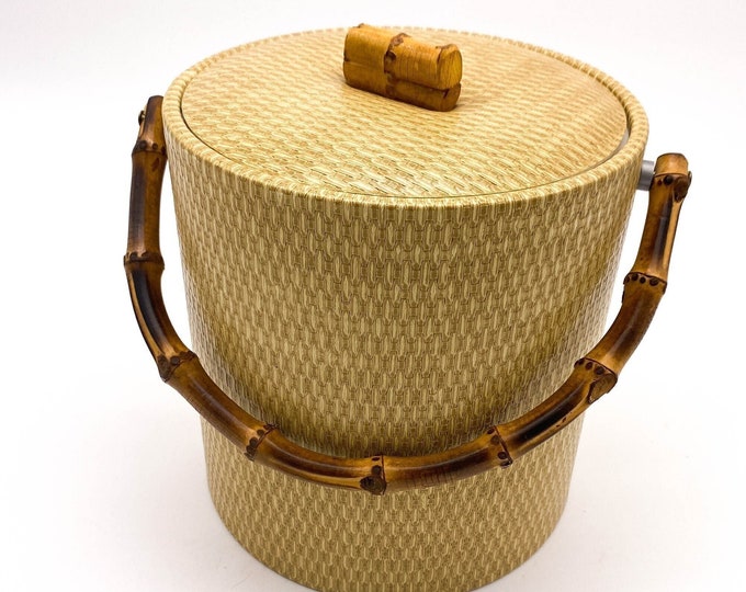 Vintage Vinyl Rattan/Grass Cloth Ice Bucket with Bamboo Handle and Top Knob