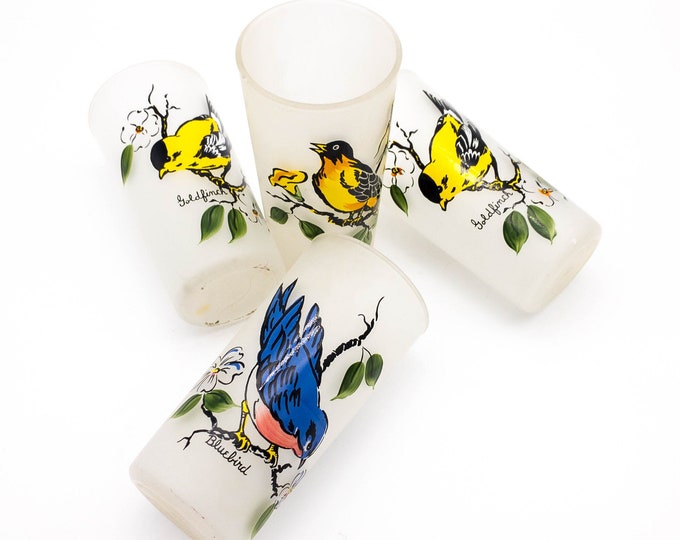 Fabulous Mid Century Hand Painted Bird Bar set with 4 Frosted Hi-Ball  Glasses, 2 Goldfinch, 1 Bluebird and 1 Oriole