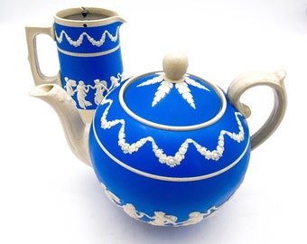 Antique Spode China Jasper Ware Teapot | Collectible Blue and White  Large English Teapot | Spode Copeland Late Spode